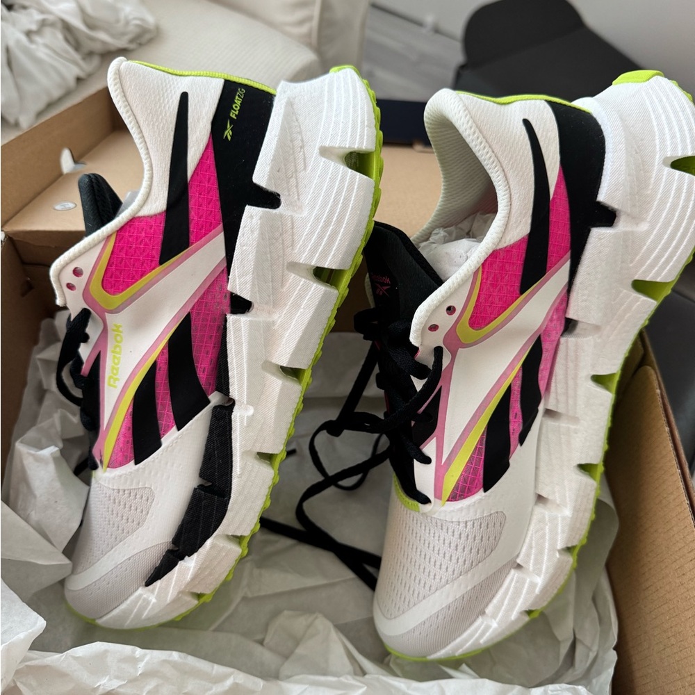 Reebok Floatzig 1 White and Pink Sneakers with Black and Green Accents